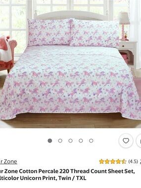 Unicorn Print Cotton Percale Sheet Set - Pink/White Twin